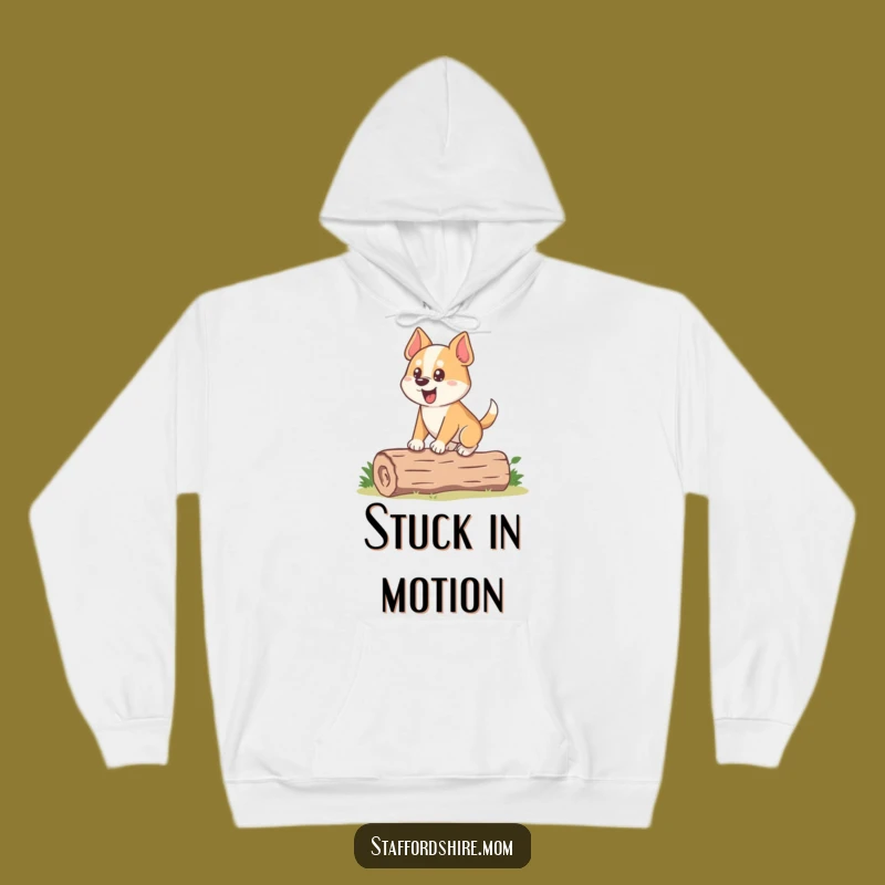 Cozy Funny Dog Hoodie: Stocky Pup's Balancing Act, Warm Humor