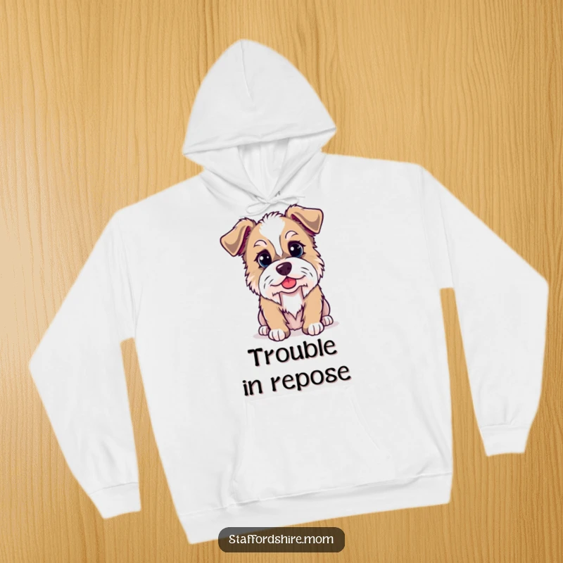 Funny Kawaii Staffordshire dog hoodie, a cozy and warm garment featuring a dog with a sly, mischievous expression, perfect for humor lovers.