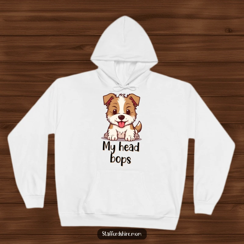 Funny Kawaii Staffordshire dog hoodie featuring an energetic pup with a dynamically bouncing head, perfect for active, fun-loving people.