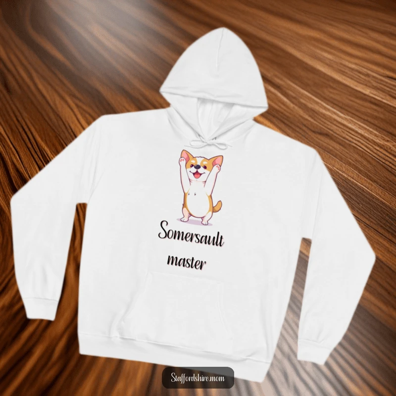 Funny Kawaii Staffordshire dog hoodie featuring a happy pup performing a playful somersault, perfect for cozy comfort and lighthearted fun.