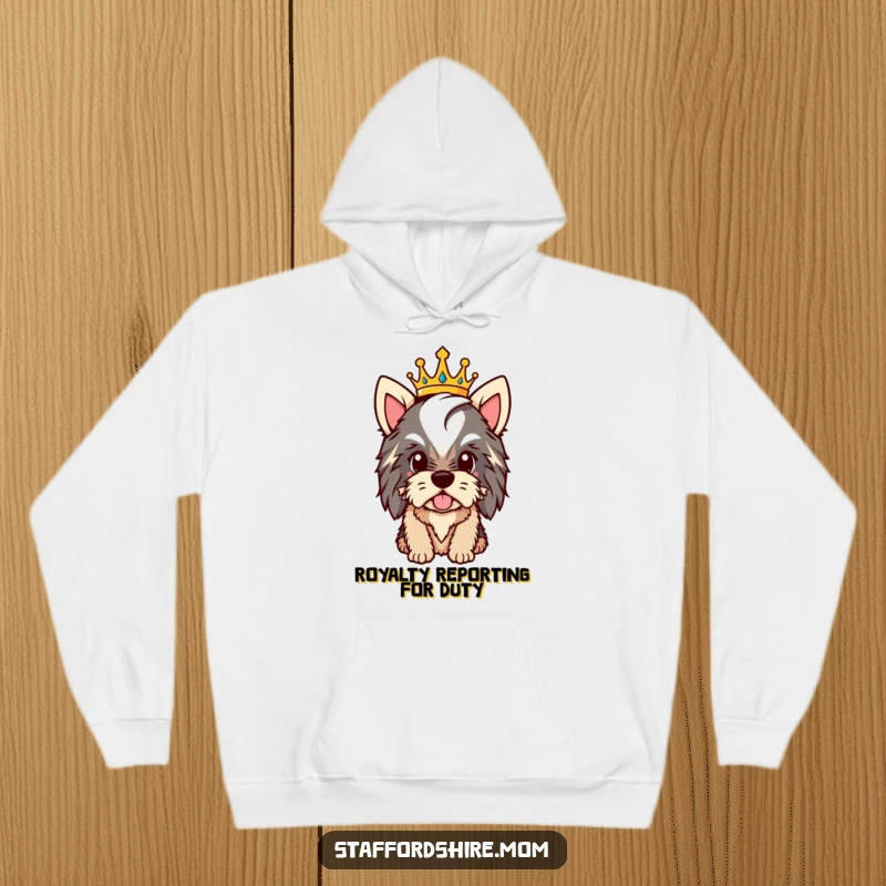 Funny Staffy hoodie depicting a proud dog wearing a tiny crown, embodying regality and confidence.