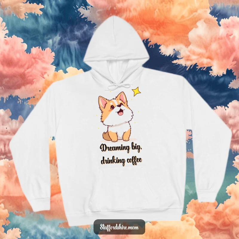 Funny Staffordshire hoodie featuring a dog looking up in amazement at a shooting star, perfect for cozy, magical moments.