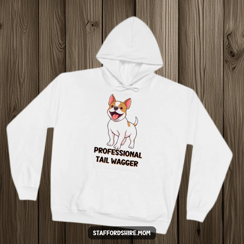 Funny Staffordshire Bull Terrier hoodie showing a dog enthusiastically wiggling its tail, exuding pure canine joy for warmth.
