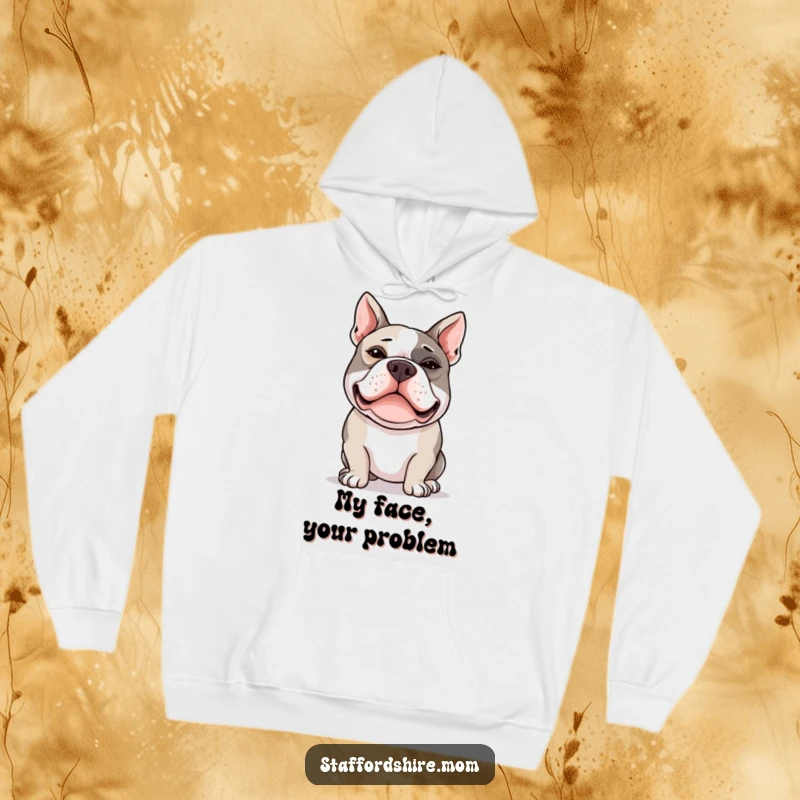 Funny Staffy hoodie showing a Staffordshire Bull Terrier with crossed eyes, perfect for cozy giggles.
