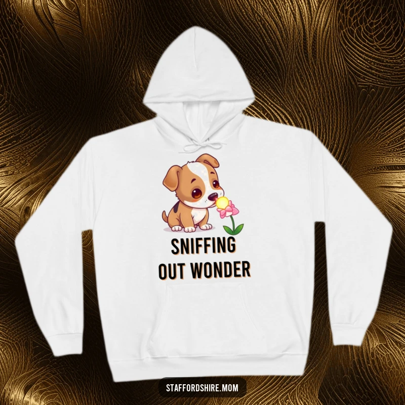 Funny curious Staffordshire dog hoodie, sniffing a glowing flower, cozy and whimsical pet apparel.