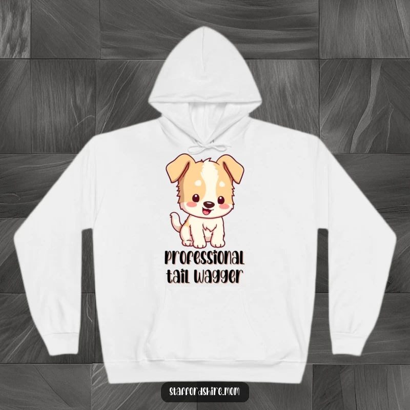 Funny Kawaii Staffordshire Hoodie: A floppy-eared dog character happily wagging its tail, exuding warmth and fuzzy charm.