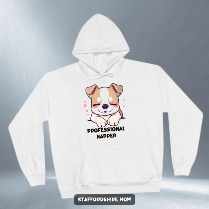 Funny sleepy Staffordshire dog hoodie, smiling with closed eyes, cozy and peaceful pet wear.
