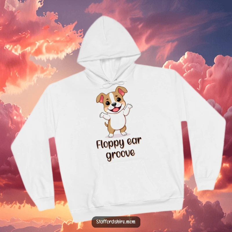 Funny Staffordshire Bull Terrier hoodie featuring a goofy dog mid-dance, ears flapping hilariously, perfect for cozying up with a laugh.