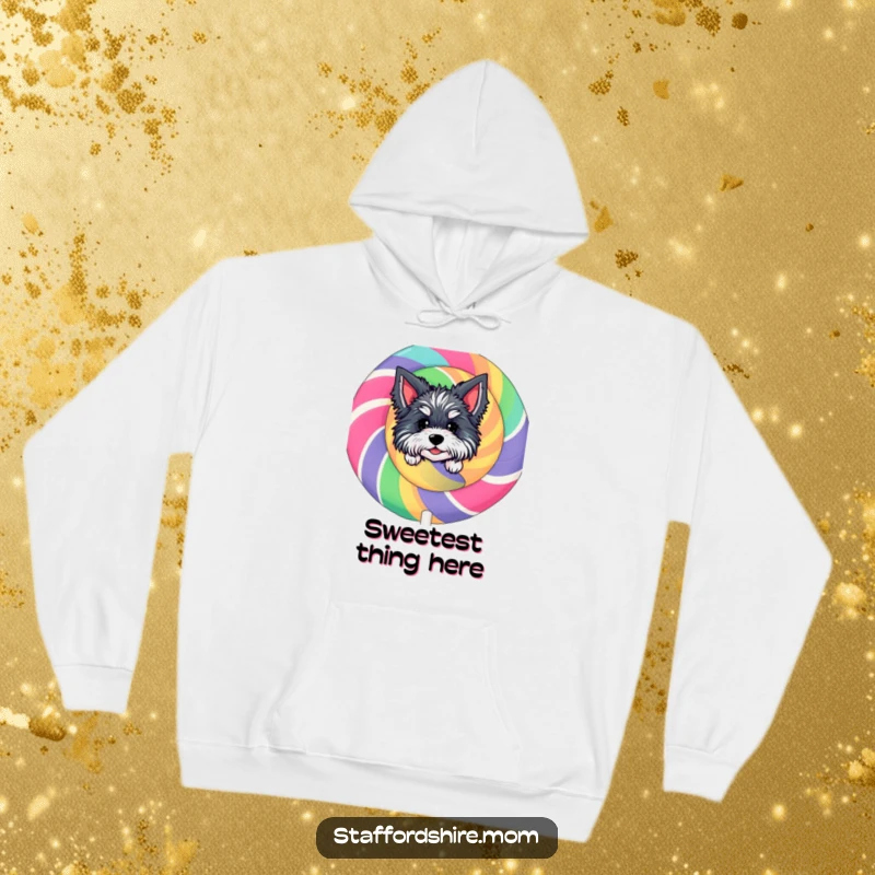 Funny Staffordshire Lollipop Hoodie: A comfortable hoodie featuring a character peeking from behind a giant, colorful lollipop, full of charm.