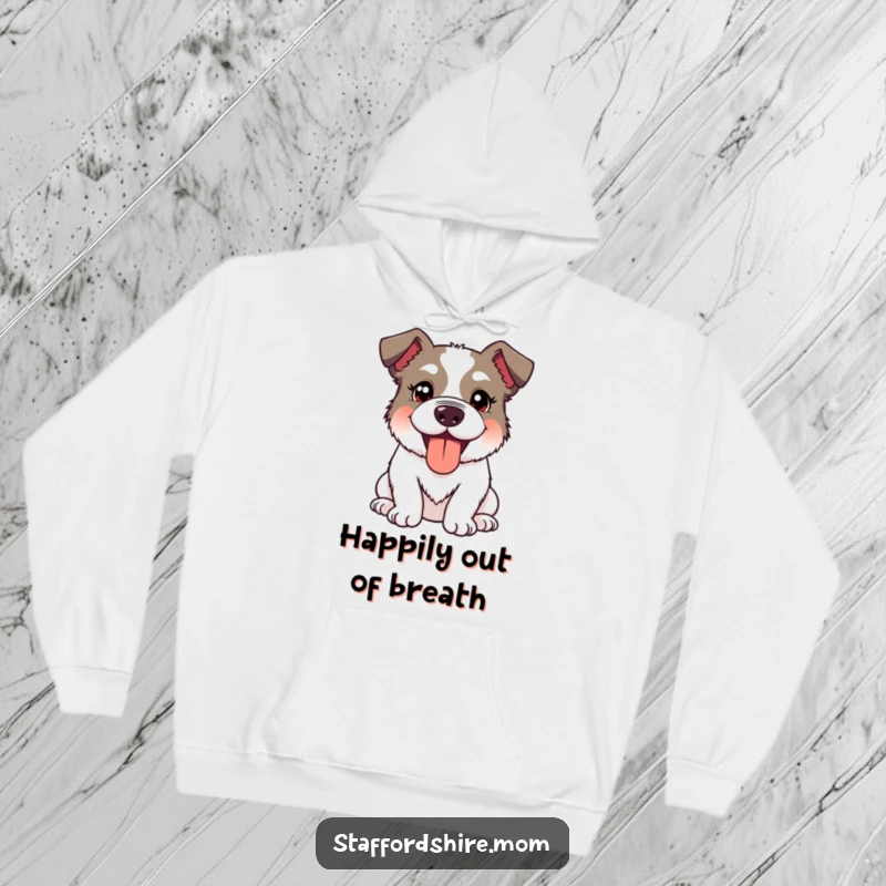 Funny Kawaii Staffordshire Dog Hoodie showcasing a cute dog with a silly, happy expression and panting tongue out, comfort and humor.