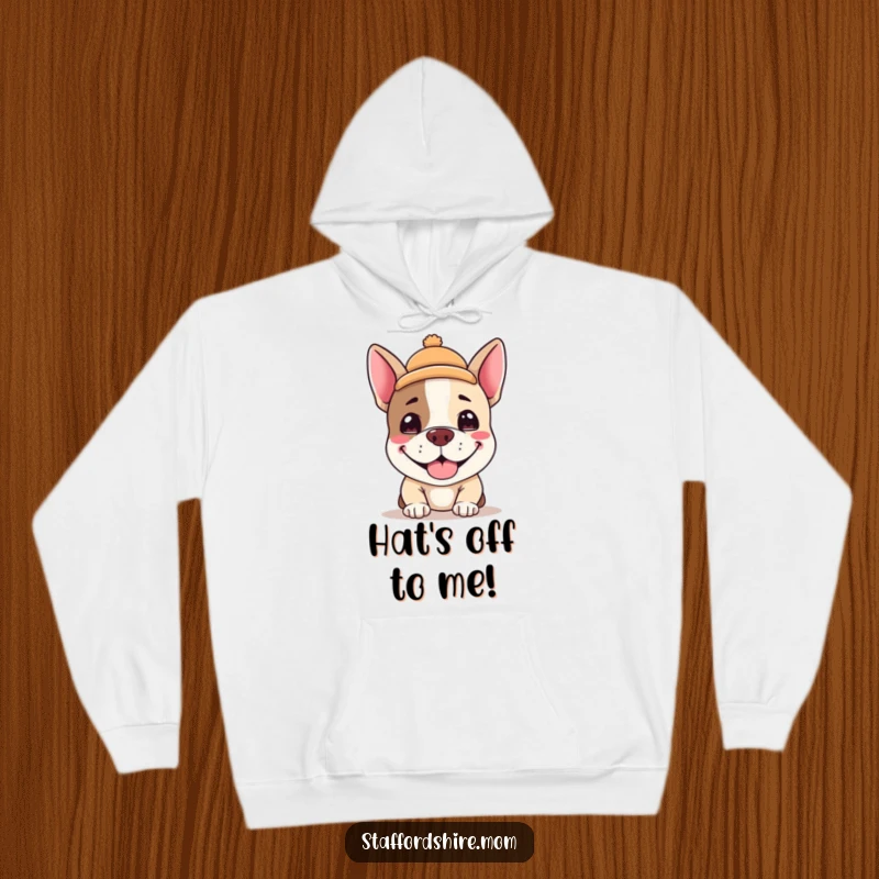 Funny Kawaii Staffordshire terrier hoodie, an adorable dog with a silly grin and a tiny hat, perfect cozy funny gift.