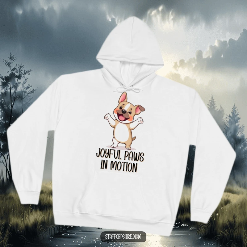 Funny Staffordshire terrier hoodie, a dog happily dancing with paws lifted, perfect cozy funny gift.