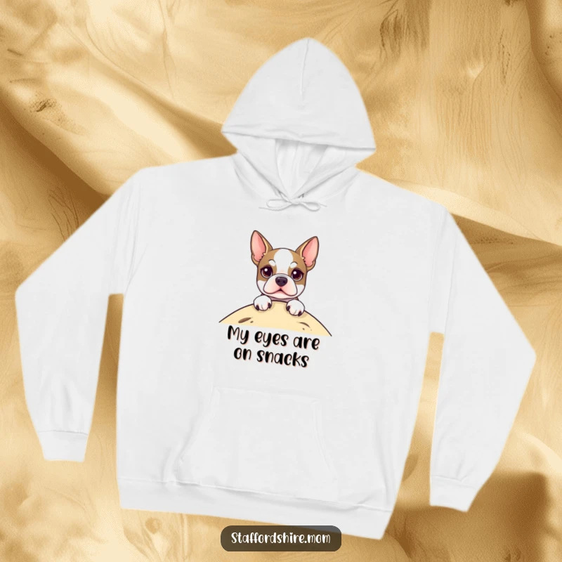 Funny Hoodie showcasing a bright-eyed Staffordshire Terrier peeking over a hill, exuding joy and a friendly, curious nature.