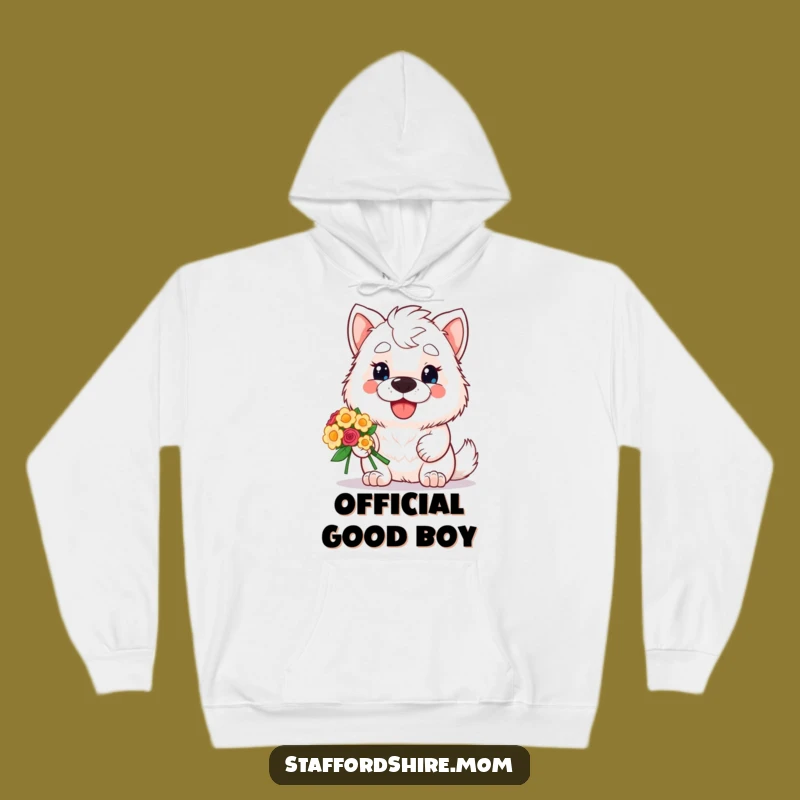 Funny Staffordshire Hoodie: Cozy Kawaii Dog Giving Flowers, Warm Gift