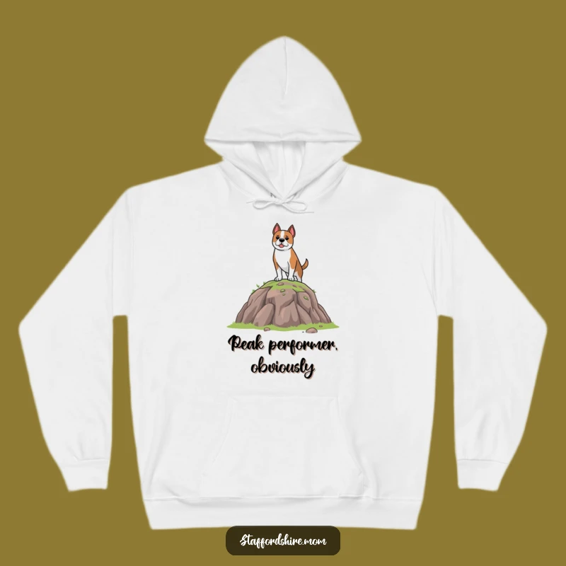 Funny Staffordshire Dog Hoodie: Cozy Brave Pup on Hill, Ultimate Funny Gift for Comfort