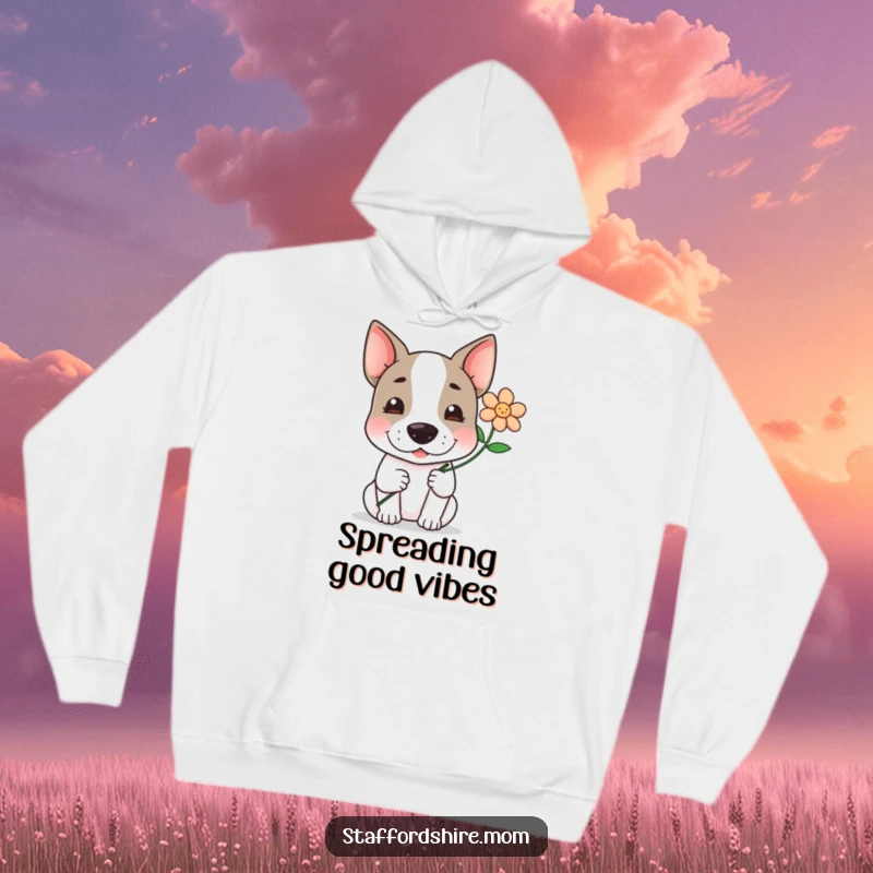 Funny, kawaii Staffordshire terrier offering a delicate flower with a sweet, gentle smile on this comfortable hoodie.