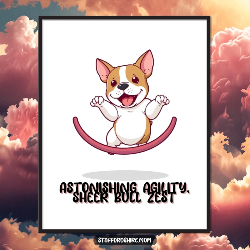 Funny Free Printable Wall Art: A highly agile Staffordshire bull terrier performs an impressive leap through a hoop with joyful energy.