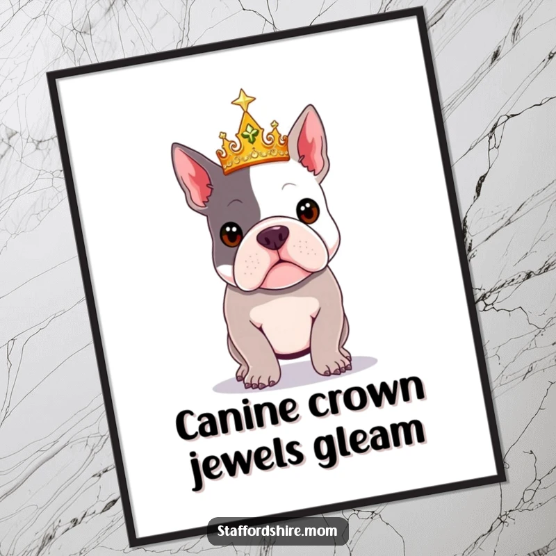 Funny Free Printable Wall Art: A Staffordshire Bull Terrier posing dramatically while wearing a sparkly crown.