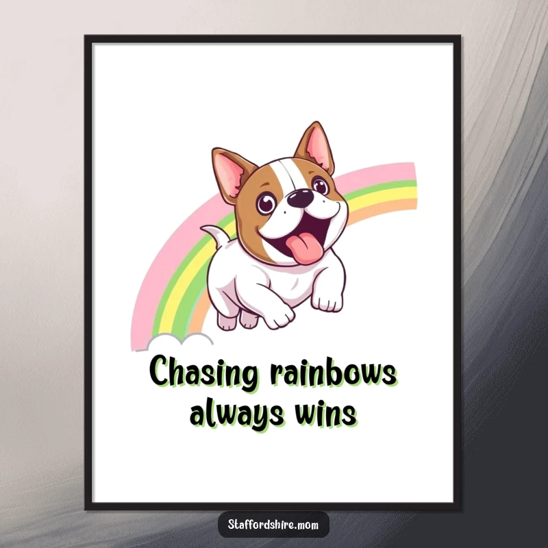Funny Free Printable Wall Art: Staffordshire bull terrier exhilarated while sliding down a brilliant rainbow.