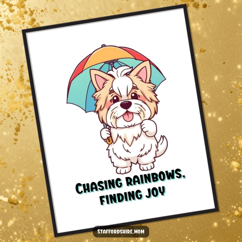 Funny Free Printable Wall Art: A friendly Staffordshire waves hello, holding a vibrant rainbow umbrella, adding joy and color.