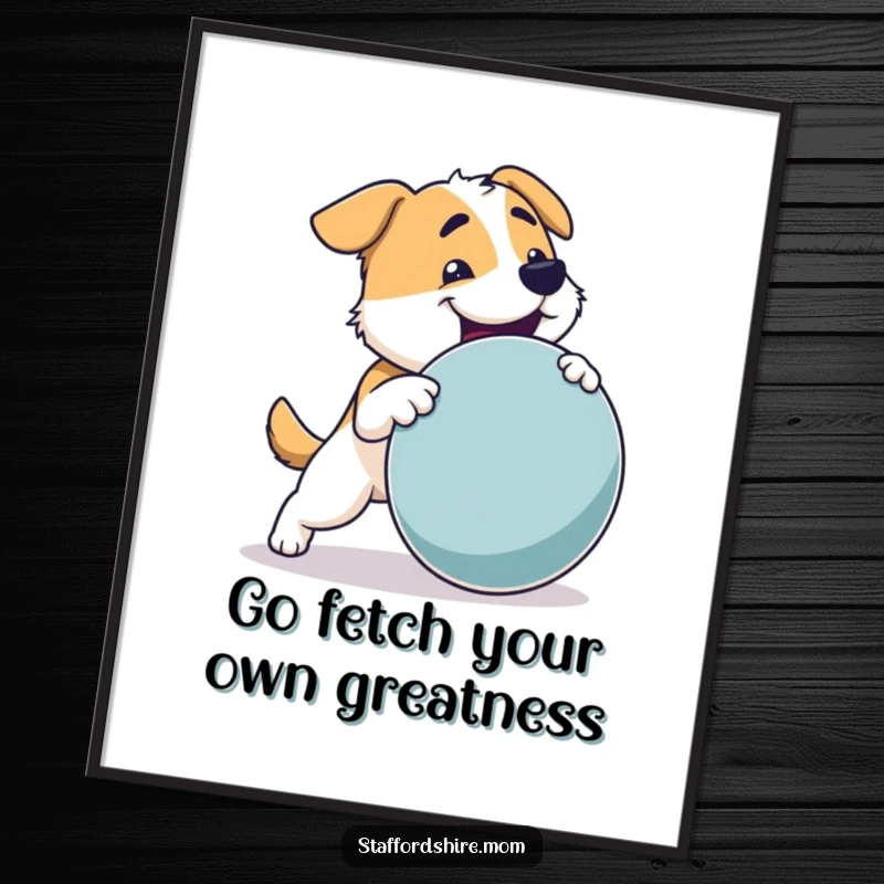 Funny Free Printable Wall Art: Sturdy dog with a strong build joyfully fetching a large round toy, radiating playful energy.