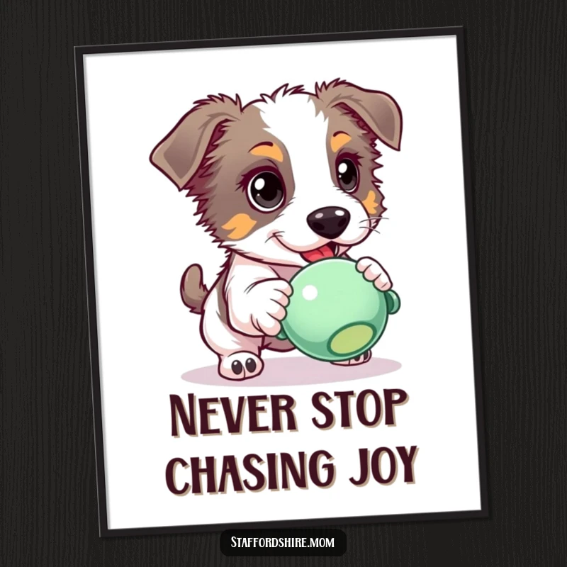 Funny Free Printable Wall Art: A Staffordshire dog with bright, eager eyes, intensely focused on the chase of a squeaky toy.