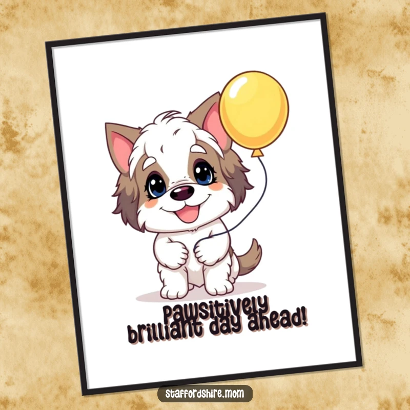 Funny Free Printable Wall Art: A happy Staffordshire dog with a huge goofy grin holding a colorful balloon, ready to brighten any room.