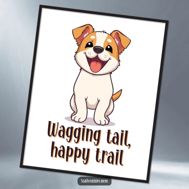 Funny free printable Kawaii Staffordshire dog art, showing its entire body wagging with pure delight and happy energy.
