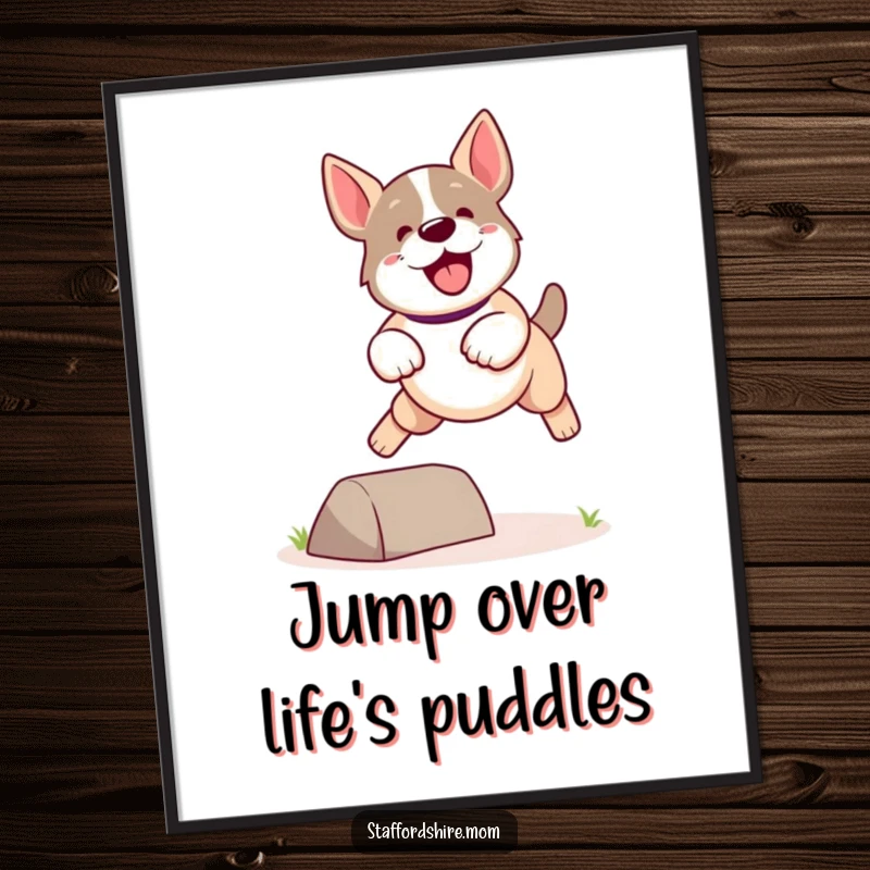 Funny Free Printable Wall Art: Kawaii Staffordshire dog in a spirited leap over a minor obstacle, full of life.