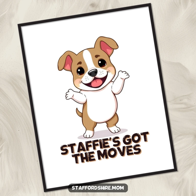 Funny free printable wall art: A Staffy Bull Terrier performing a comical dance with its floppy ears in full motion.