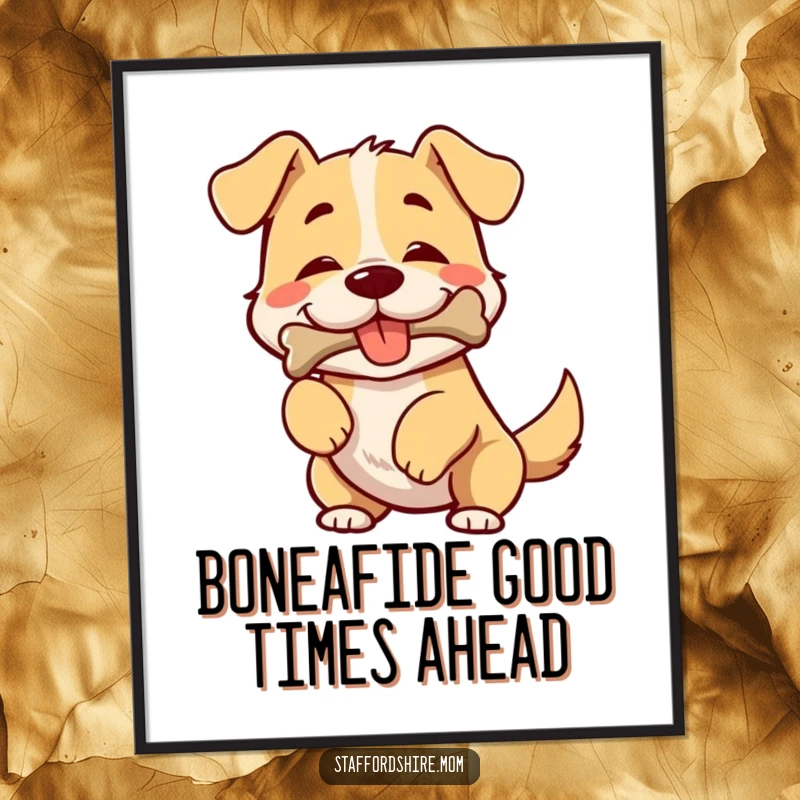 Funny Free Printable Wall Art: Broad-chested dog wiggling tail, happy, holding a bone, humorous decor.