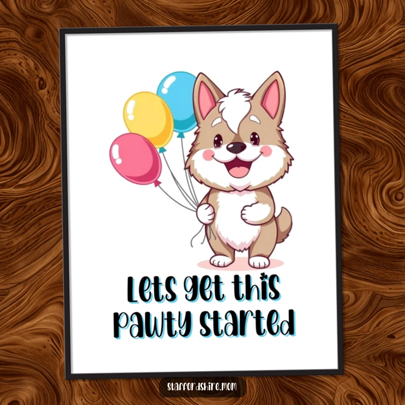 Funny Free Printable Wall Art: A cheerful Staffordshire dog with a wide grin holds a large bouquet of colorful balloons.