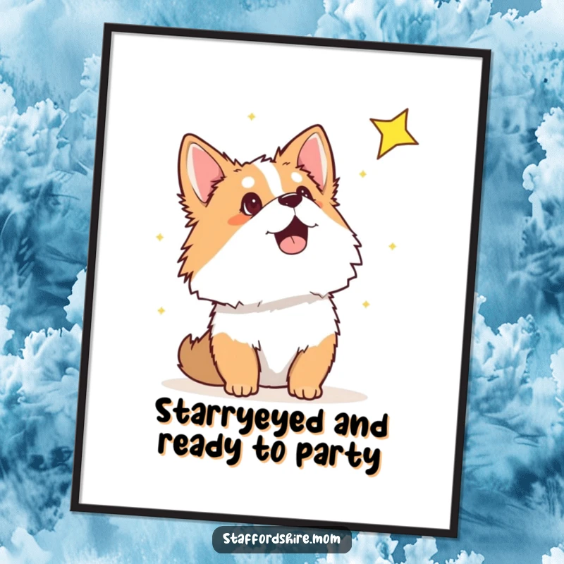 Funny Free Printable Wall Art: A Staffordshire dog gazes upwards in awe at a brilliant shooting star.