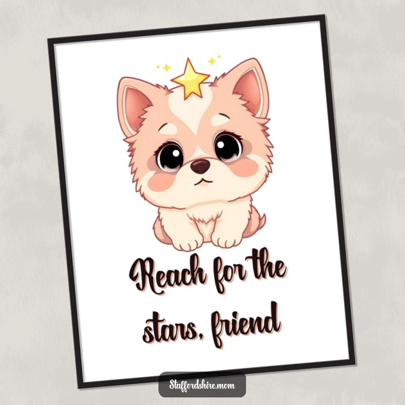 Funny Free Printable Wall Art: A Staffordshire with wide, captivated eyes looks up at a single, dazzling sparkling star.