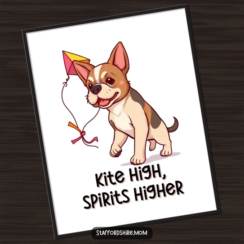 Funny Free Printable Wall Art featuring a determined Staffordshire dog carrying a large, colorful kite, ready for adventure and fun.