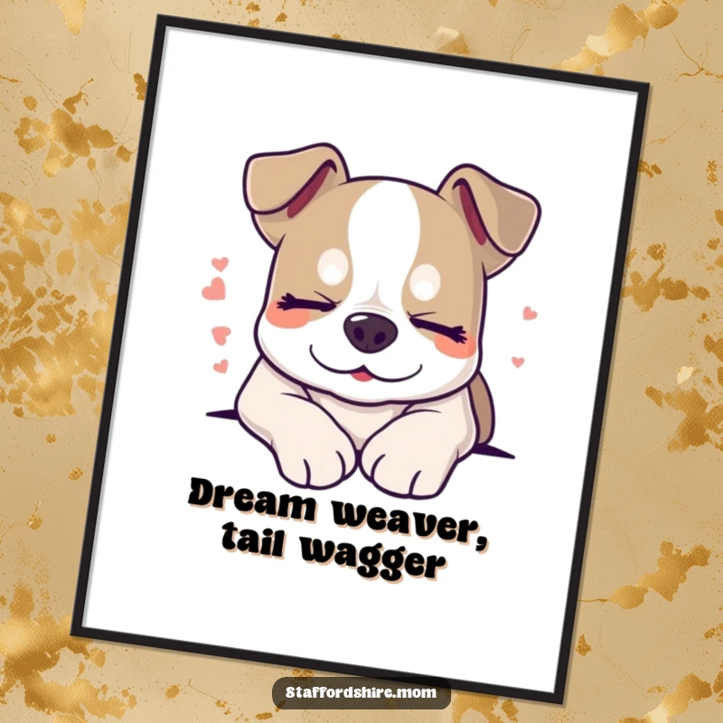 Funny Free Printable Wall Art of a sleepy Staffordshire dog with closed eyes and a contented smile, lost in sweet dreams.