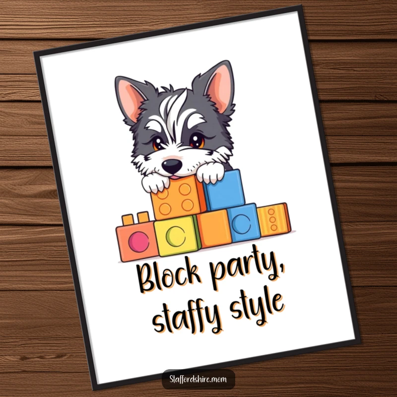 Funny Free Printable Wall Art: A Staffordshire peeking over a stack of colorful building blocks, creating a scene of innocent fun.