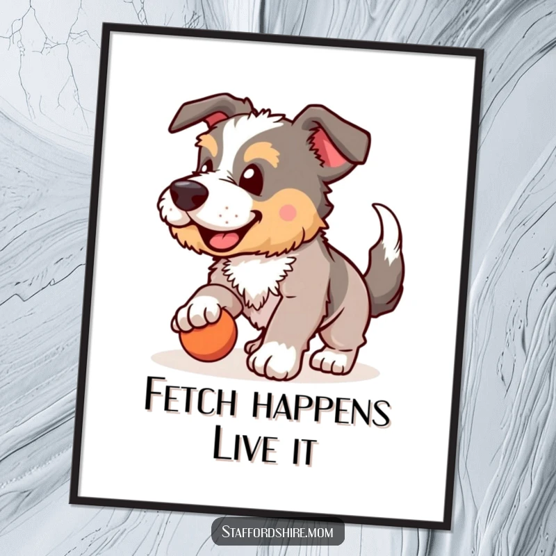 Funny Free Printable Wall Art: A happy Staffordshire, tail wagging furiously, mid-game of fetch, ready to play.