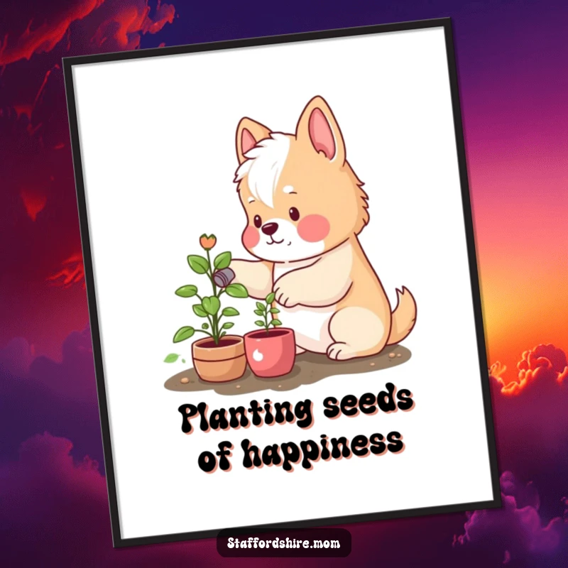 Funny Free Printable Wall Art: A rosy-cheeked Staffordshire happily waters a small, vibrant plant, bringing life and humor to decor.