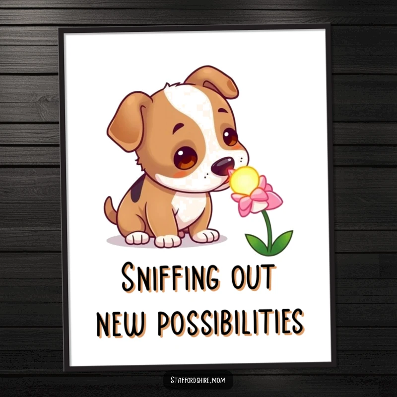 Funny Free Printable Wall Art of a curious Staffordshire dog sniffing a vibrantly glowing, magical flower, adding enchantment.