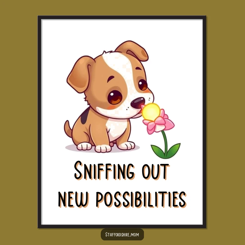 Funny Free Printable Wall Art: Curious Staffy Discovering Magic Flower