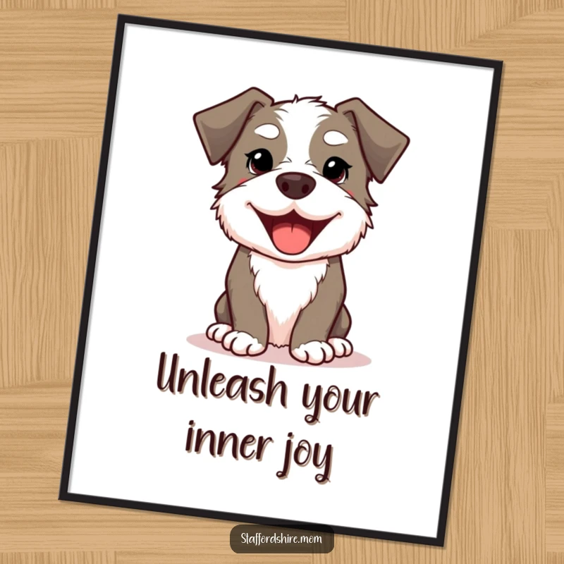 Funny Free Printable Wall Art: Kawaii Staffordshire dog with a wide, beaming smile, radiating pure happiness.