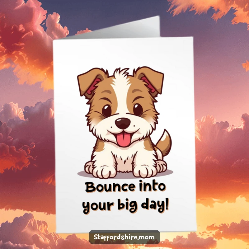 Funny free printable Kawaii Staffordshire dog card with a bouncing head, radiating pure birthday excitement and energy.