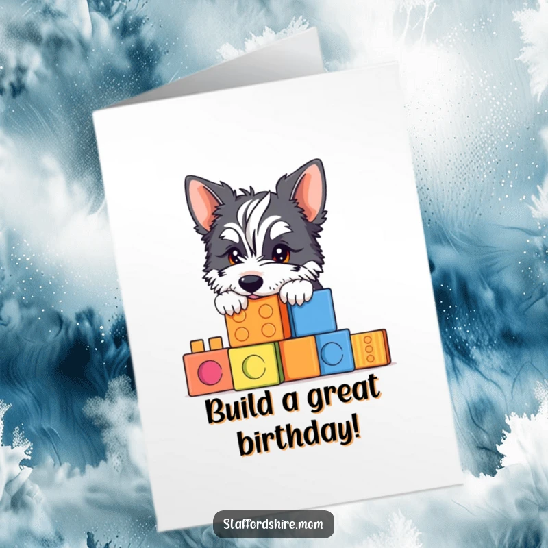 Funny Free Printable Birthday Card: A Staffordshire peeks over colorful building blocks, adding playful charm to your birthday wishes.