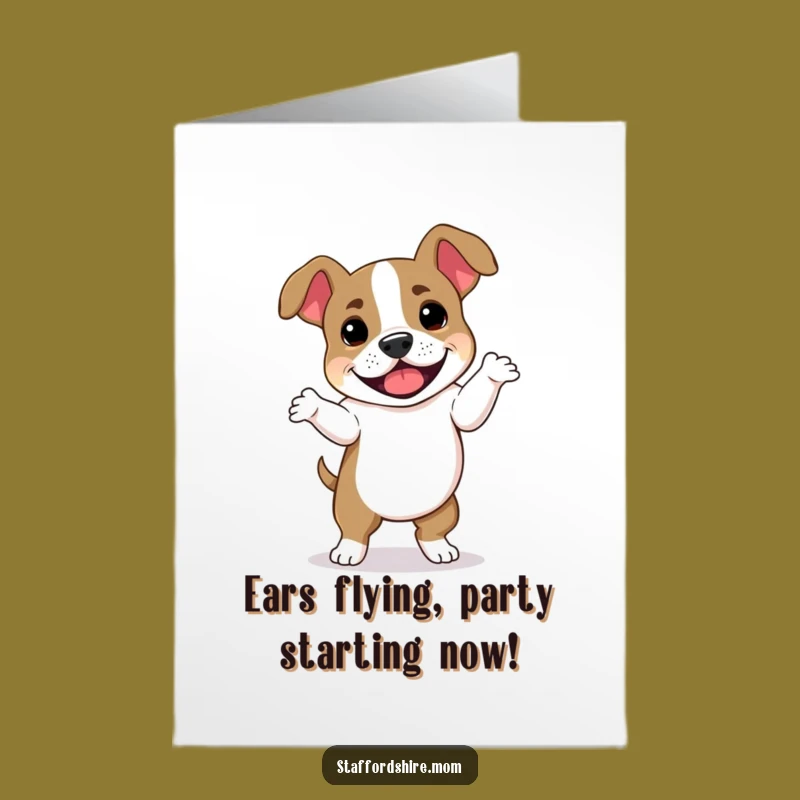 Free Printable Funny Dog Birthday Card: Staffordshire Bull Terrier Dancing Delight!