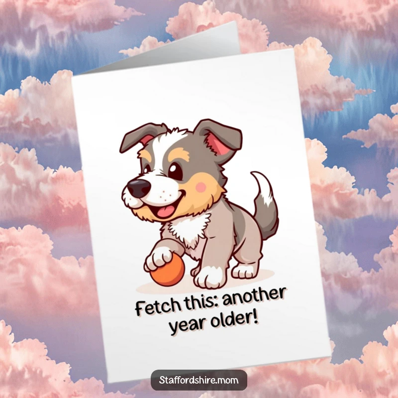 Funny Free Printable Birthday Card: Energetic Staffordshire playing fetch with a wagging tail, ready for a surprise.
