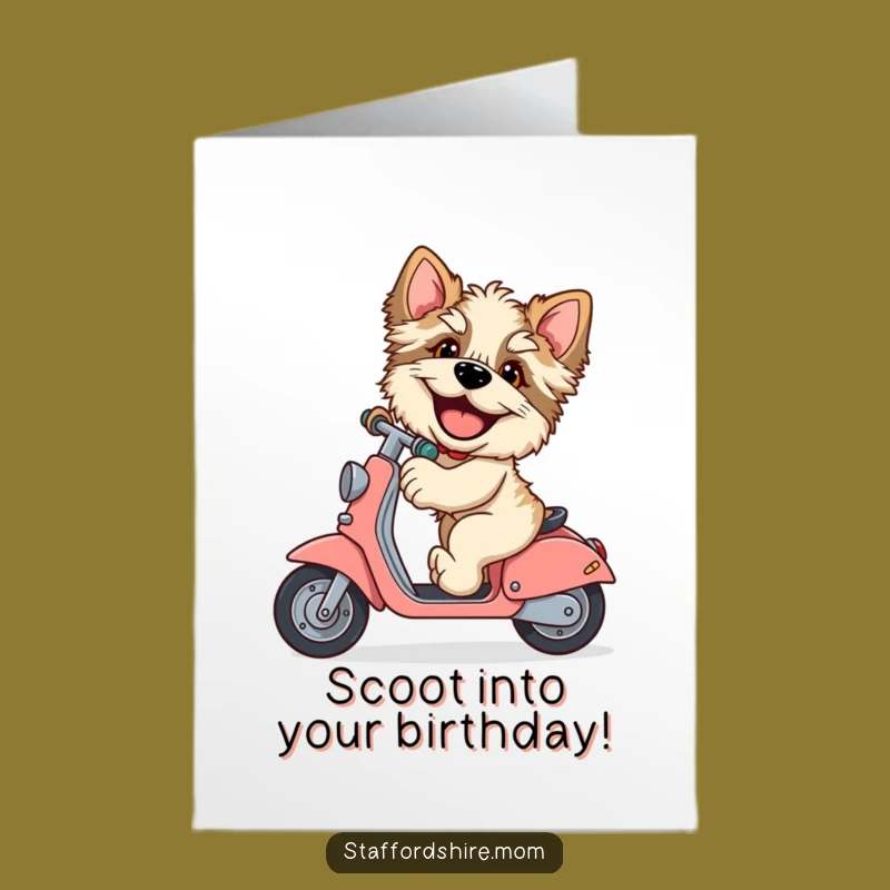 Free Printable Bday Card: Giggling Staffordshire on Scooter, Funny Dog Lover Gift Card