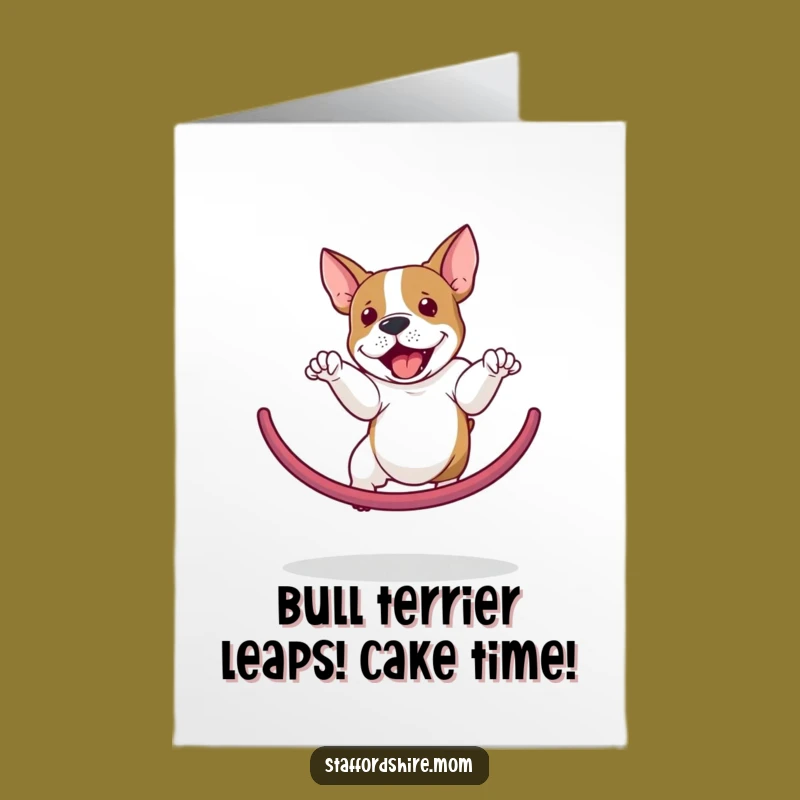 Free Printable Birthday Card: Agile Staffy Dog Leaping Through Hoop for Funny Wishes