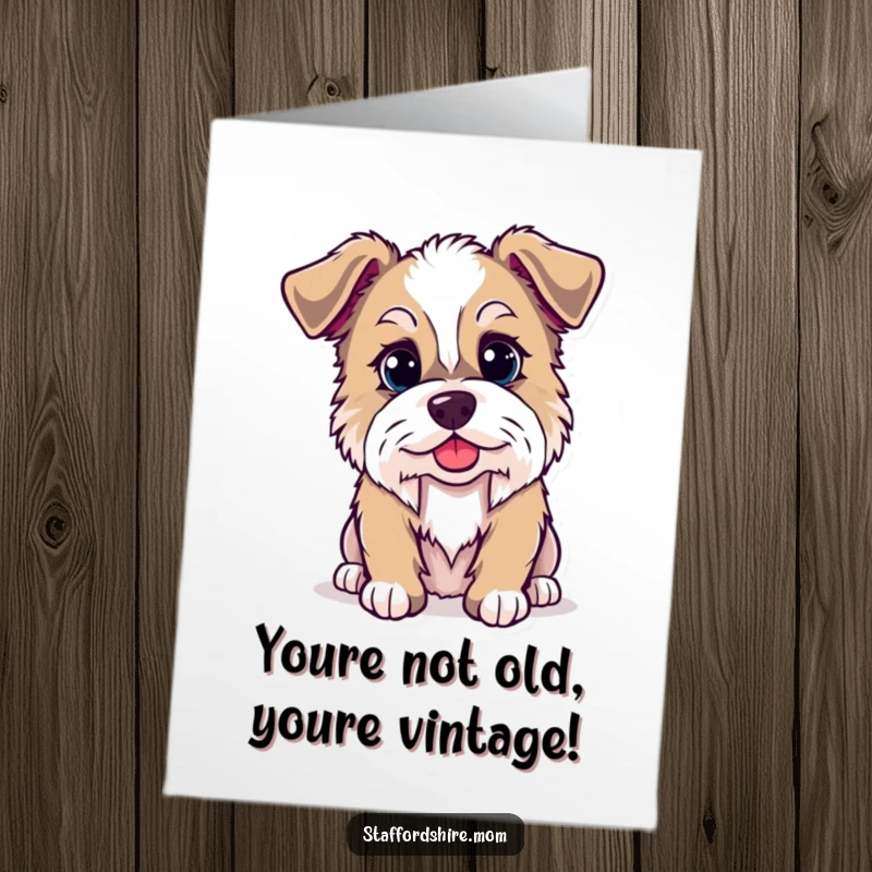 Funny Free Printable Birthday Card: Mischievous Kawaii Staffordshire Dog winking, ready for cake and chaos