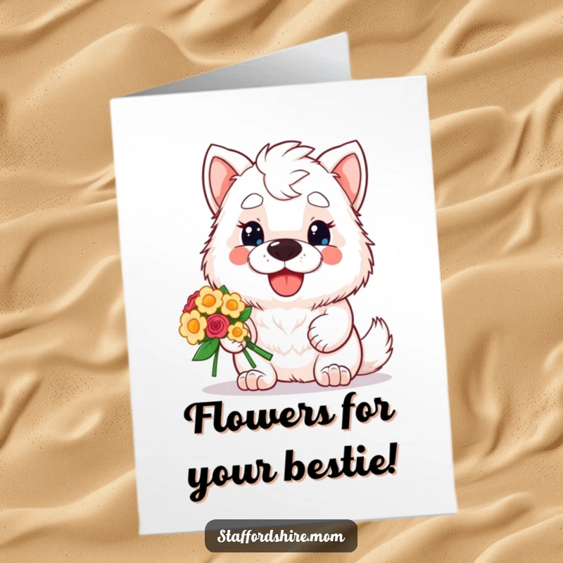 Funny Free Printable Birthday Card: Cute Staffordshire doggy with a huge grin, presenting a colorful bouquet of flowers.